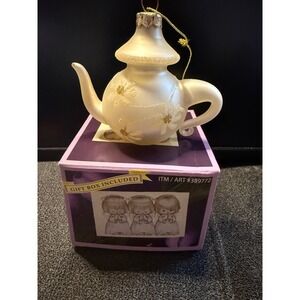 Iridescent Glass Teapot Christmas Ornament White Floral Gold Glitter 389772